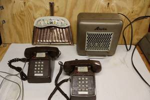 lot 264 image: 2 Vintage Phones, Vintage Electric Space Heater and A metal Dust Pan