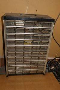 lot 318 image: 50-Drawer Tin Hardware Organizer wPlastic Drawers and Contents