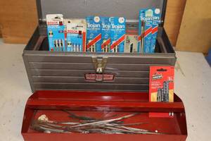 lot 326 image: Craftsman Steel Toolbox wContents of Saber Coping Jigsaw Blades Trojan, Bosch Etc