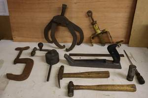 lot 330 image: Vintage Hand ToolsBlacksmith Jaw Gear Puller, Hammer Axe, Lapping Tool, Rasp Etc