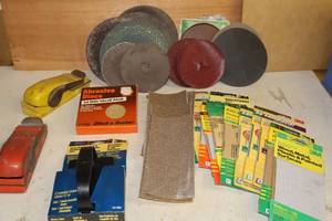 lot 334 image: Sanding EquipmentBEHR-MANNING Vintage Speed Grits Manual Hand Sander #6 Red and Yellow, Sand Paper Etc