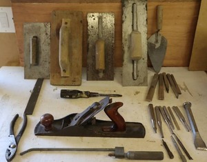 lot 340 image: Antique Wood Jack Plane, Chisels, Concrete Tools, Wood Sanders Etc