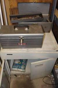 lot 346 image: Metal Cabinet wContents of Two Steel Tool Boxes