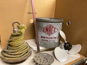 lot 6 image: Vintage Embee Minnow Bucket, Anchor, Propeller, Ice Scoop