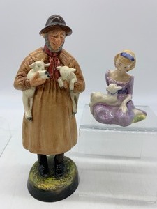 lot 50 image: Vintage ROYAL DOULTON Porcelain Figurines - Lambing Time & Mary had a Little Lamb