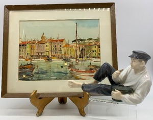 lot 5 image: Vintage FRANZ HERBELOT Watercolor with ROYAL COPENHAGEN Shepherd Boy