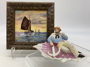 lot 6 image: NAUTICAL Vintage Oil Painting by DOLLY PAHLOW with Antique VICTORIAN Sailor Pin Dish