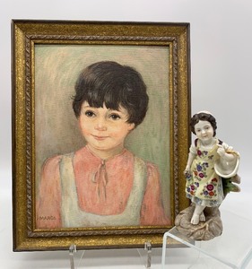 lot 39 image: Vintage Original Portrait by MARGA Circa 1965 with Antique Porcelain Figurine