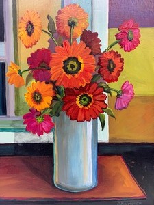 lot 30 image: Original JOLIE RAIMONDO Zinnia Painting - Abstract Floral