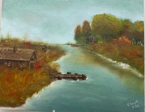 lot 26 image: Calming Rustic Autumn River Cabin Landscape Original on Canvas by G. HUYCK