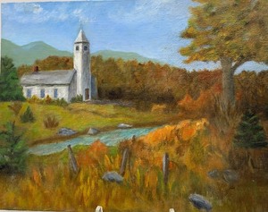 lot 25 image: Vintage Old Church on a River Scene Original Oil Painting