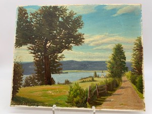 lot 23 image: Vintage Country Church Road Scenic Landscape Oil Painting by HARRY REIERSEN 1945
