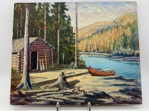 lot 20 image: Vintage Rustic River Cabin Original Oil Painting