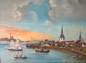 lot 8 image: E. BORKENHEUSER Vintage Harbor Seascape Original Oil Painting