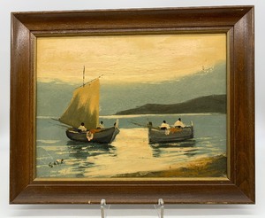 lot 10 image: Vintage Original Oil Fishing Boat Scene - Signed