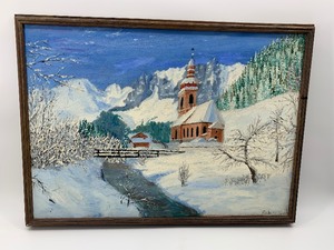 lot 73 image: Vintage RURAL Church ORIGINAL Oil Painting - Signed ROBERT HANSEN