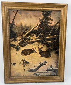 lot 72 image: Vintage Antique Original Art - Winter Scene with Relaxing Bucks - Unsigned