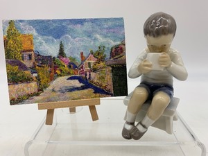 lot 67 image: Vintage Small CHRISTIAN AVRIL Oil Painting with BING & GRONDAHL Porcelain Figurine