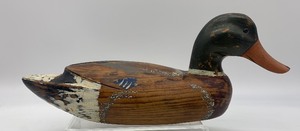 lot 186 image: Vintage Heavy Hand Carved and Painted Wood Duck Decoy - Glass Eyes - Signed