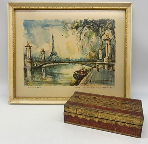 lot 180 image: Vintage MARIUS GIRARD Watercolor with Vintage Ornate Wood Trinket Box