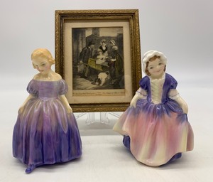 lot 174 image: Vintage ROYAL DOULTON Figurines, Qty. 2 and Framed Vintage Postcard