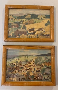 lot 165 image: Vintage GRANDMA MOSES Mini Bark Cloth Art Prints - Qty 2