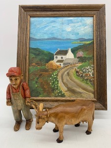 lot 162 image: Signed Country Farmhouse Oil Painting with Hand-carved Wood Man and Cow Figurines