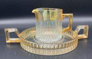 lot 140 image: Antique HEISEY Glass Creamer and Sugar Cube Tray