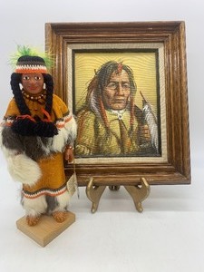 lot 105 image: Vintage T. AMARO Native American Oil Painting and MOONSTAR Doll