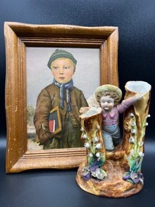 lot 45 image: Vintage Antique ALBERT ANKER Berner Boy 1875 and Vintage Porcelain Figural Bud Vase
