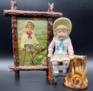 lot 47 image: Vintage Framed Print of Boy with Basket of Eggs and CONTA And BOEHME Porcelain Figurine - Germany