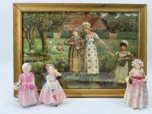 lot 40 image: Vintage KATE GREENAWAY Children Fishing and ROYAL DOULTON Figurines - Tinkle Bell, Babie & Cerise