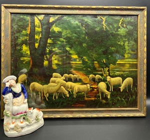 lot 41 image: Vintage Antique Print with Flock of Sheep and STAFFORDSHIRE Figurine