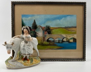 lot 33 image: Vintage Framed Art by M. BOELTER with STAFFORDSHIRE Milkmaid Figurine