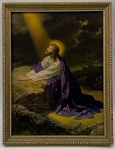 lot 63 image: Colorful Vintage Jesus Christ in the Garden of Gethesmane Lithograph Wall Art