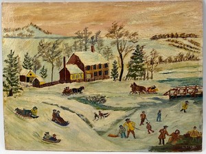 lot 166 image: Original American Folk Art Oil Painting on Board - Signed