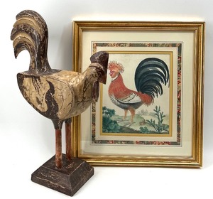 lot 156 image: Here is something to crow about  Large Rooster Statue and Rooster Framed Art