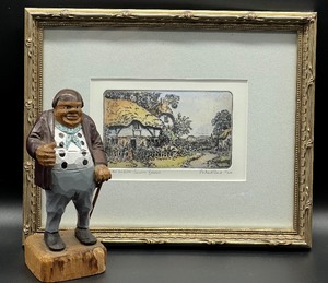 lot 154 image: Vintage Colored Etching IN AN ENGLISH GARDEN by MICHAEL BOND and Hand Carved Wood Figurine