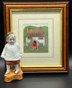 lot 164 image: Small Watercolor by SHARON JERVIS with Antique German Nubby Snow Baby Figurine