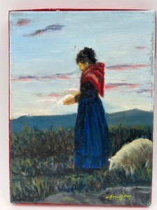lot 194 image: Vintage Original Oil Painting - Unknown Artist - Woman and Sheep