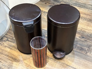 lot 208 image: Two Brown Wastebaskets and Vase