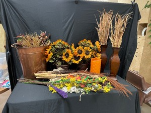 lot 172 image: Assorted Fall Themed Decorations, Metal Bin and Two Metal Vases