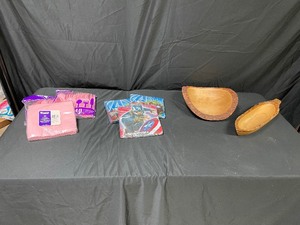 lot 178 image: Two Wooden Bowls and Party Supplies