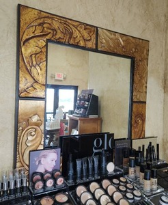 lot 25 image: Large Rectangle BrownGoldCopper Colored Framed Mirror Measuring 34 inches by 47 inches.