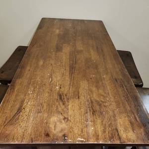 lot 79 image: Pub High Top Rectangular Table with Four Bar Stools in Brown Measuring 39-14 inches W by 19 inches D by 34 inches H