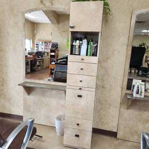 lot 34 image: Salon Station with Shelf, Mirror and Cupboard. One of 16.