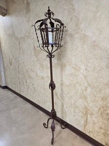 lot 60 image: Two Vintage Wrought Iron Standing Lanterns Measuring 18 inches W by 75 inches H. One of 2.