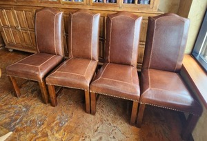 lot 10 image: Set of Four Studded High Back Double Stitched Leather Dining Chairs Measuring 17 incnes to 19 inches W by 20 inches D by 43 Inches H18 inches to the seat