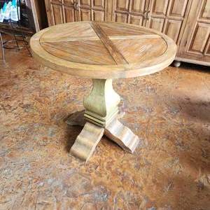 lot 15 image: Salvaged Wood Trestle Round Table Supported by Hand Turned Pedestal Leg.  Measuring 32 inches W