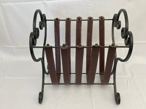 lot 24 image: Metal and Leather Magazine Rack. 15 Inches Long by 14 Inches Wide by 16 Inches High.